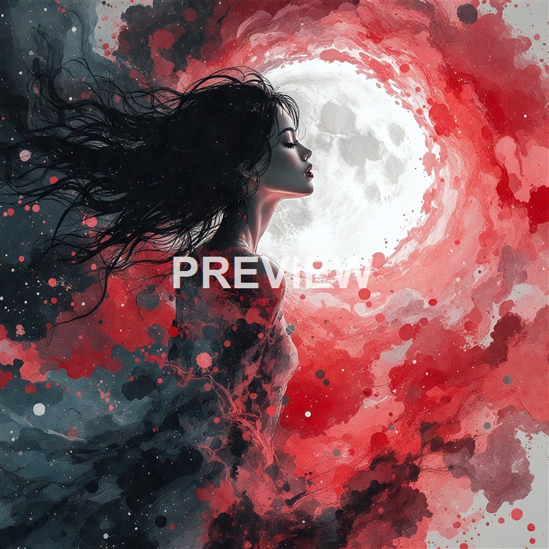 A digital artwork depicting a woman with long flowing hair in profile, set against a surreal background of a full moon and swirling red and black paint splashes.